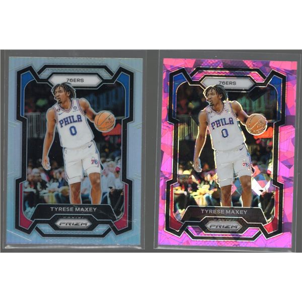 Lot of 2 Tyrese Maxey 2023-24 Panini Prizm Cards. Silver Prizm and Pink Cracked Ice Prizm