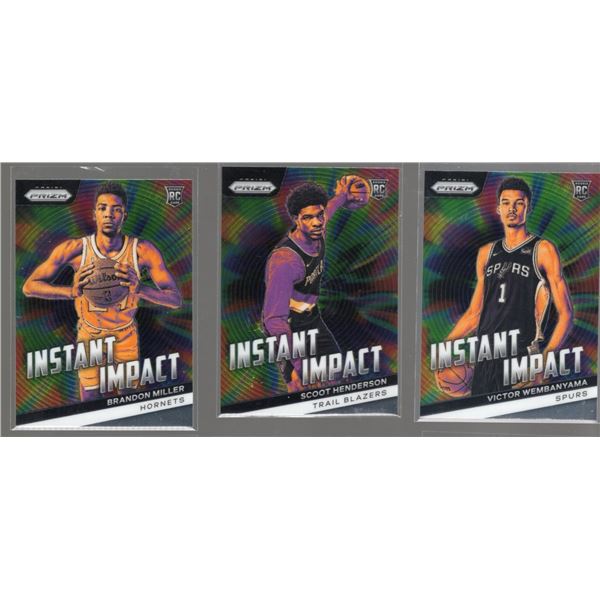 Victor Wembanyama, Brandon Miller, Scoot Henderson Instant Impact Panini Prizm Rookie Cards. First 3