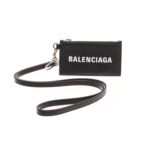 Balenciaga Black Calfskin Leather Logo Strap Cardholder
