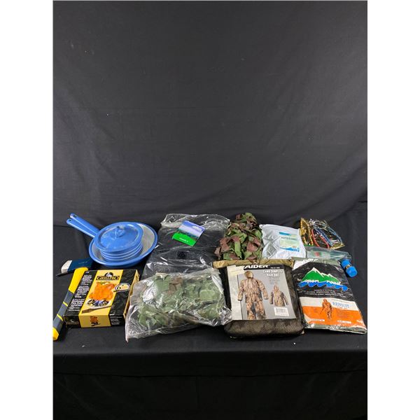 Assorted Camping Gear (Ax, Enamled Pots and Pans, Camo, Rescue Blanket, etc)