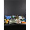 Image 1 : Assorted Camping Gear (Ax, Enamled Pots and Pans, Camo, Rescue Blanket, etc)