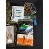 Image 2 : Assorted Camping Gear (Ax, Enamled Pots and Pans, Camo, Rescue Blanket, etc)