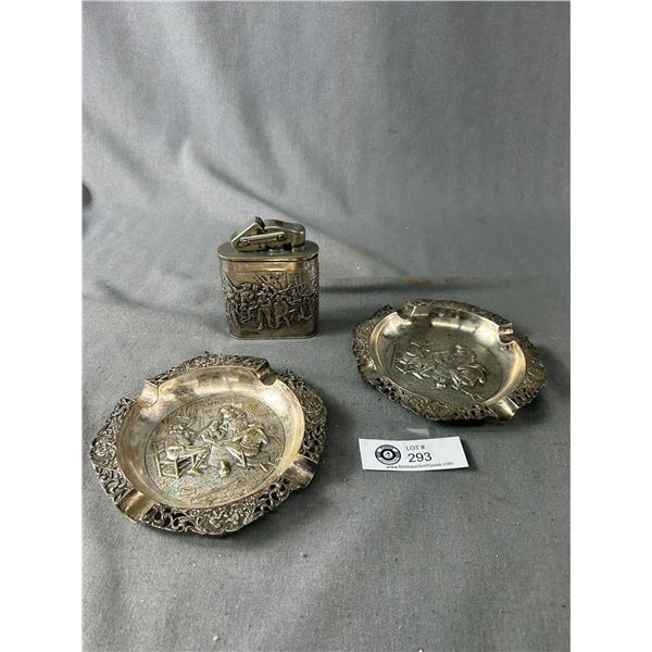 2 Vintage Metal Ashtrays Silver Plated + Table Lighter w/ Engraved Fighting Scene