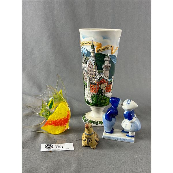 Vintage Lot 2 Glass Fish Paperweights, Handpainted Kissing Figurine, and Dutch Vase 9",etc)