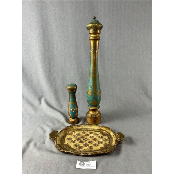 Vintage Painted Wooden Tray, Salt, and Pepper Grinder