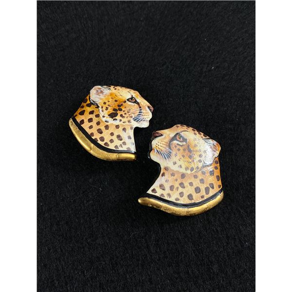 Pair of Hand Painted Designer Leopard Heads Clip on Earrings Signed