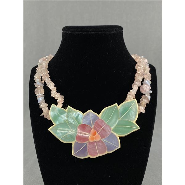 Lovely Double Strand Rose Quartz Stones w/ Pendant Necklace