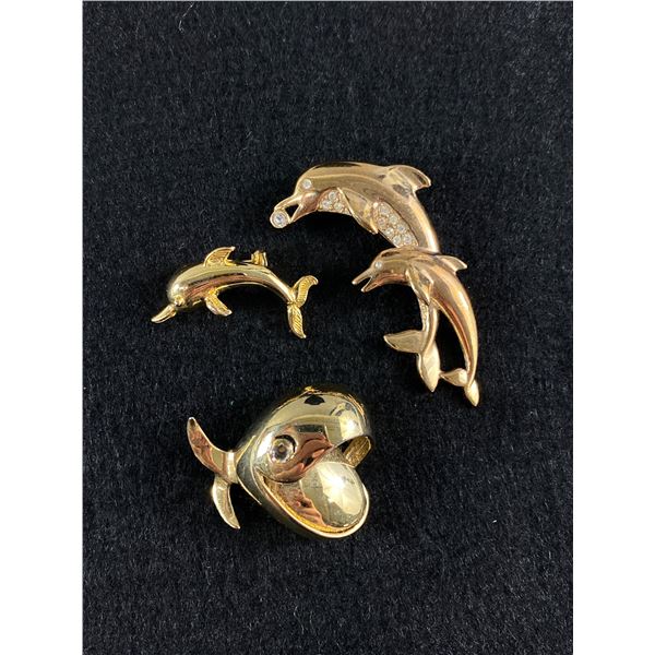 3 Lovely Gold Plated Dolphin and Whale Brooches, One Marked D'Orlan