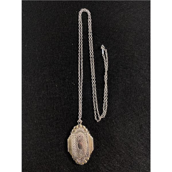 Silver Tone Metal Art Deco Design Hinged Picture Locket Pendant w/ Chain Marked D'orlam