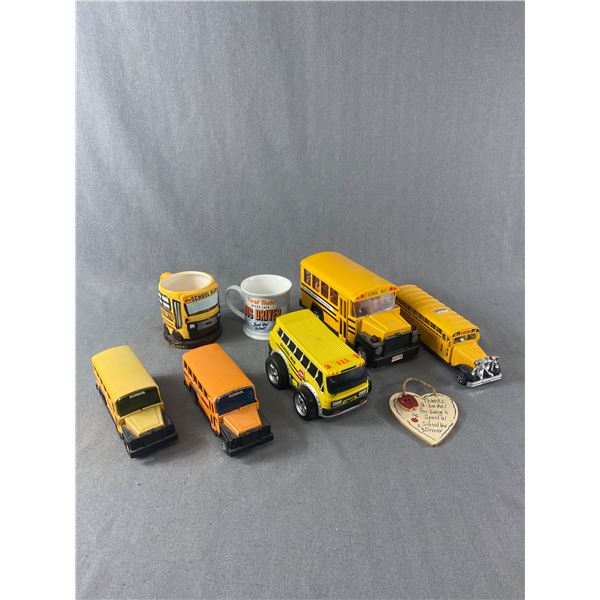 Lot of School Bus Toys and Mugs