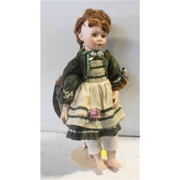 VINTAGE 20 INCHES PORCELAN DOLL ON STAND GREEN