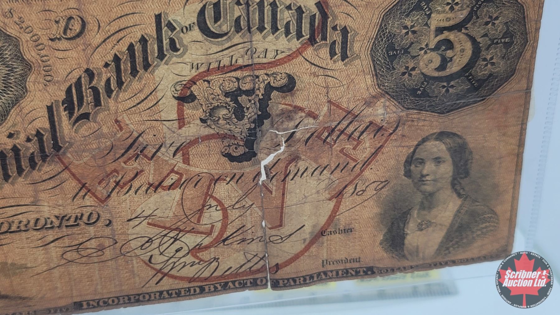 Canada: 1859 $5 Colonial Bank of Canada Banknote : 2 Signatures #1552 ...