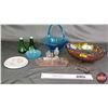 Image 1 : Glassware Grouping : Carnival Glass Fruit Bowl; Blue Glass Basket; Pink Depression Glass Condiment S