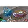 Image 2 : Glassware Grouping : Carnival Glass Fruit Bowl; Blue Glass Basket; Pink Depression Glass Condiment S