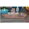 Image 5 : Glassware Grouping : Carnival Glass Fruit Bowl; Blue Glass Basket; Pink Depression Glass Condiment S
