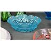 Image 8 : Glassware Grouping : Carnival Glass Fruit Bowl; Blue Glass Basket; Pink Depression Glass Condiment S