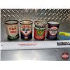 Image 1 : TINS (4) Variety 4oz : - KLEEN-FLO TOP OIL (FULL!) - GULF Gas Line Anti-Freeze (FULL!) - BARDAHL Top