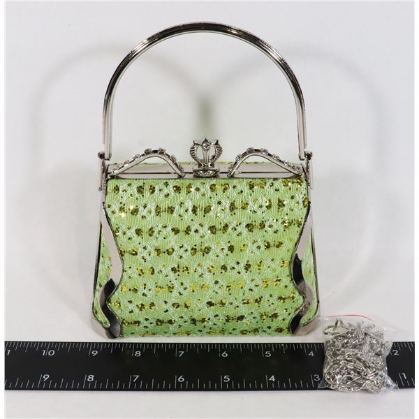 NEW LIME SPARKLE LACE AND METAL EVENING BAG