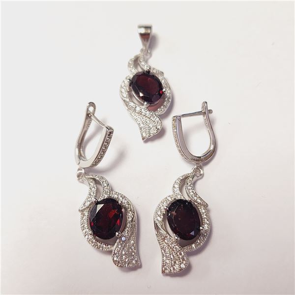 SILVER GARNET AND CZ PENDANT AND EARRING SET