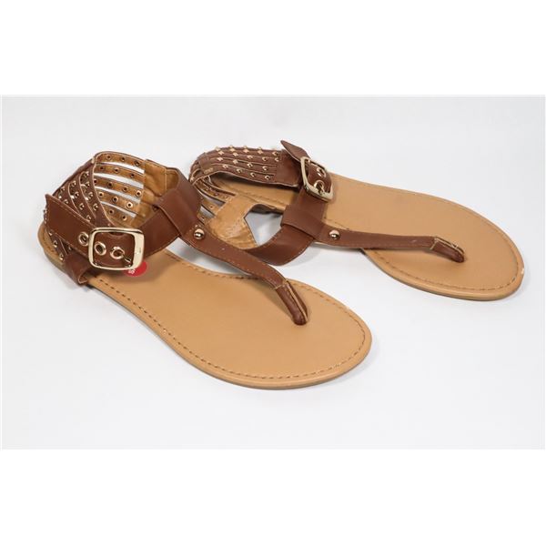 LE CHATEAU BROWN STUDDED BOHO  ZIP UP FLAT SANDALS
