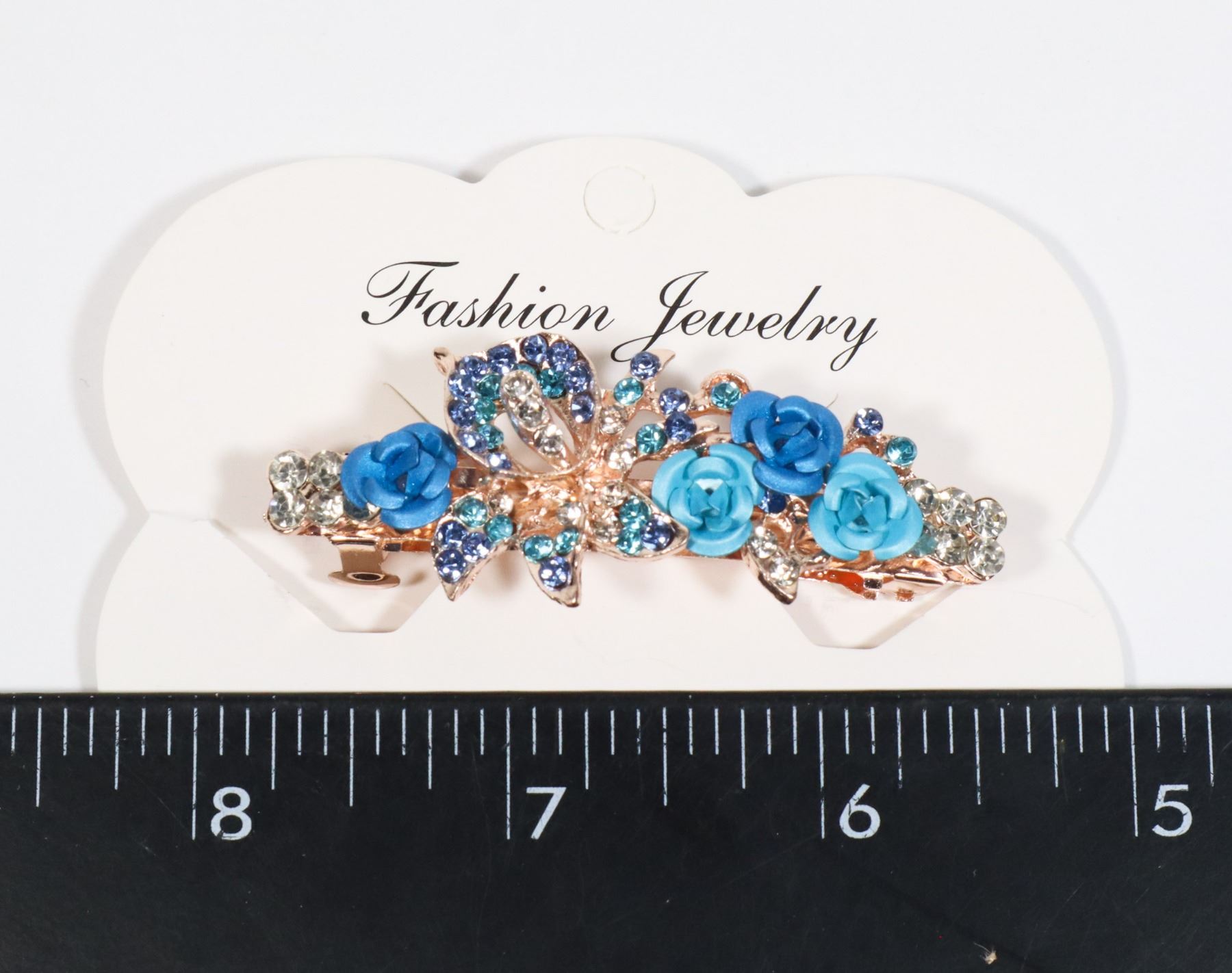 NEW ROSE GOLD TONE BLUE ROSES AND RHINESTONES