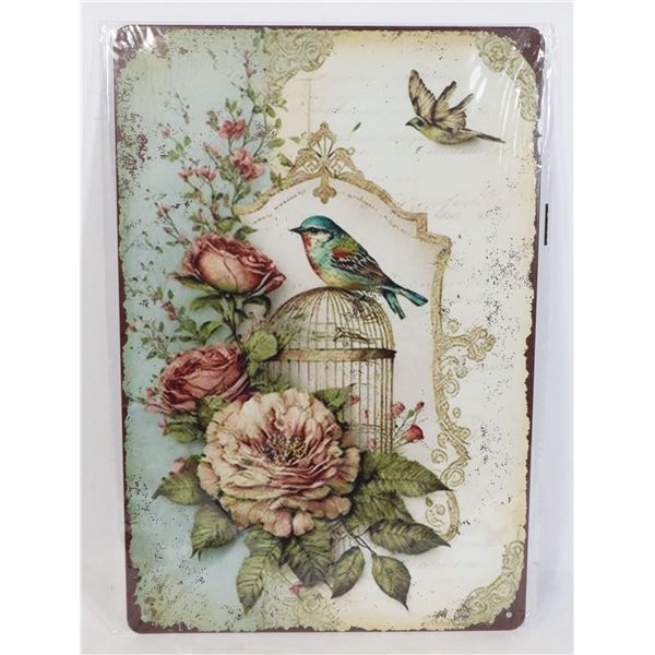 NEW ANTIQUE STYLE BIRD AND FLOWER METAL SIGN