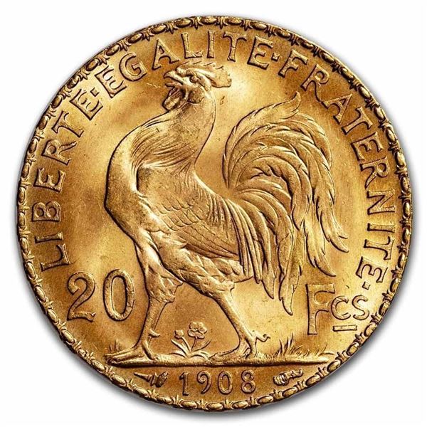 France Gold 20 Francs French Rooster Coin (1899-1914) AU AGW .1867 oz