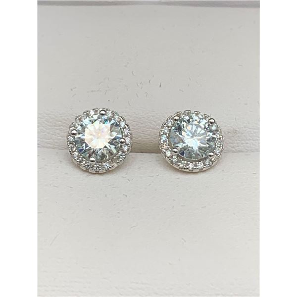Set of Halo 2.0 carat Solitaire Stud Earrings Moissanite .925 Silver Backs with certificate