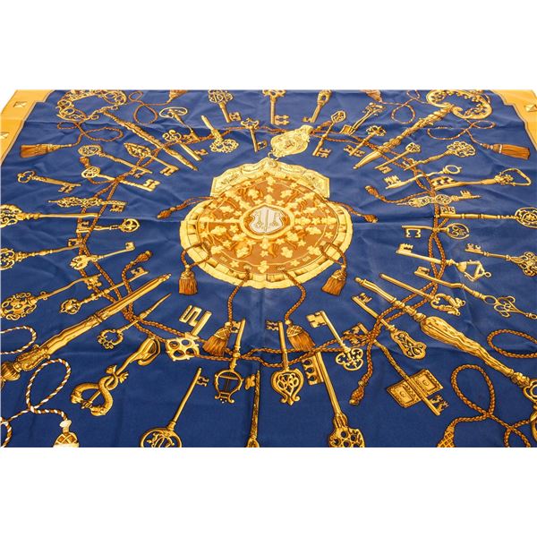 Hermes Blue and Golden Silk Les Clefs Scarf