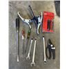 Image 2 : TOTE OF ASSORTED HAND AND SHOP TOOLS, WRENCHES ETC