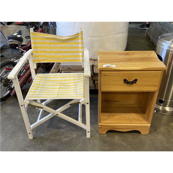 PINE NIGHTSTAND, AND WOODEN DIRECTORS CHAIR