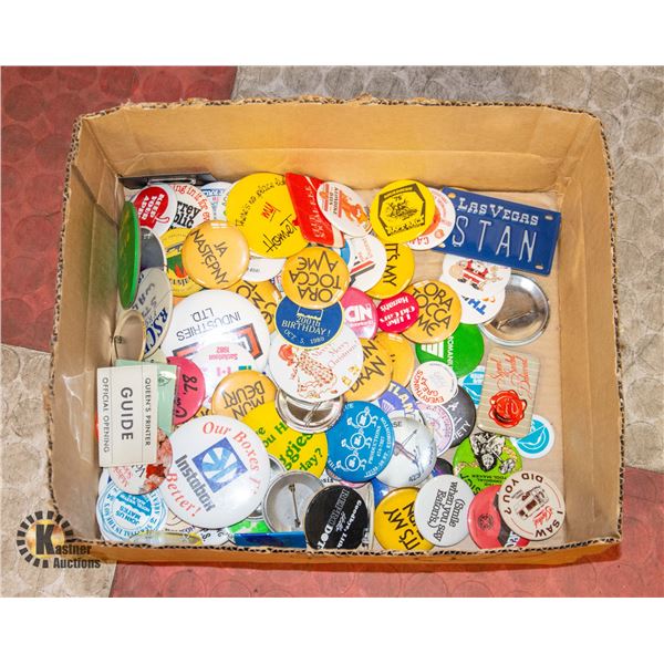 BOX FULL VINTAGE PIN BACK BUTTONS