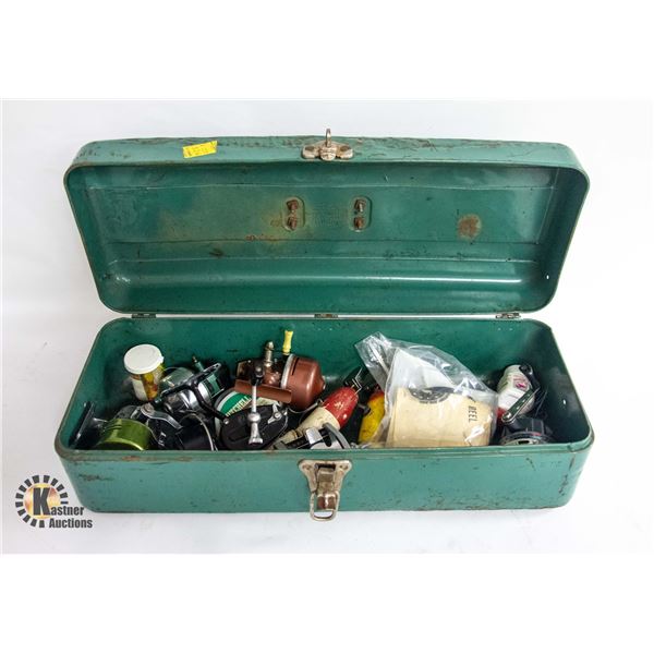 ANTIQUE FISHING BOX FULL OF REELS & MORE