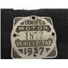 Image 2 : 1937 Winnipeg Motor Vehicle Tax Tag 3" x 3" 