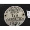 Image 2 : 1940 Winnipeg Motor Vehicle Tax Tag 3.25"