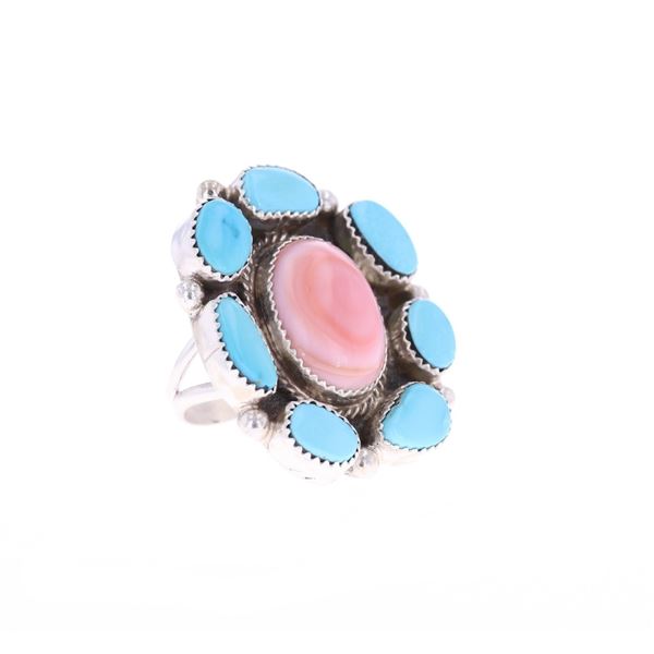 Navajo B Tsosie Silver Turquoise & Pink Conch Ring