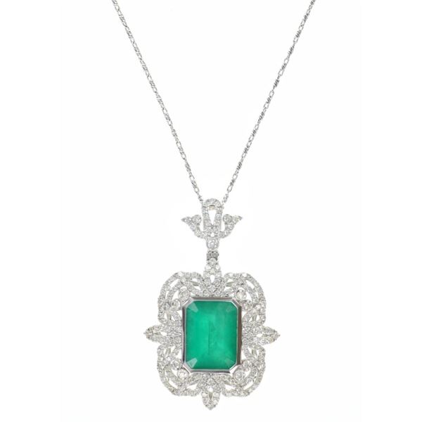 14.38 Emerald VS2 Diamond 18k Gold Necklace