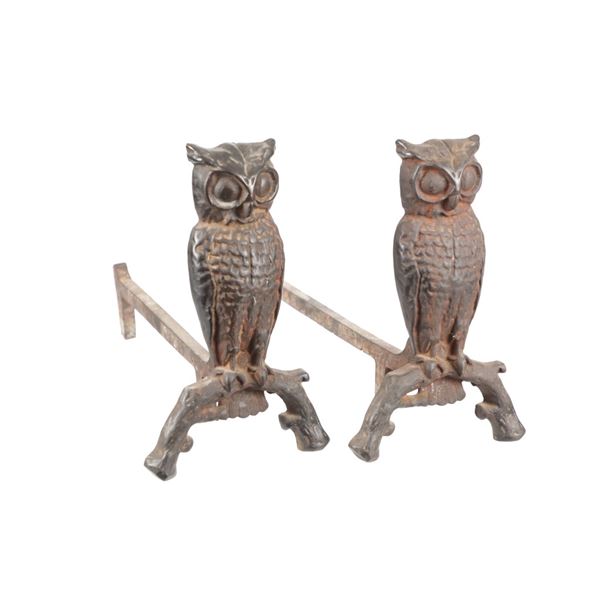 Folk Art Owl Cast Iron Rod Andirons c. 1950's