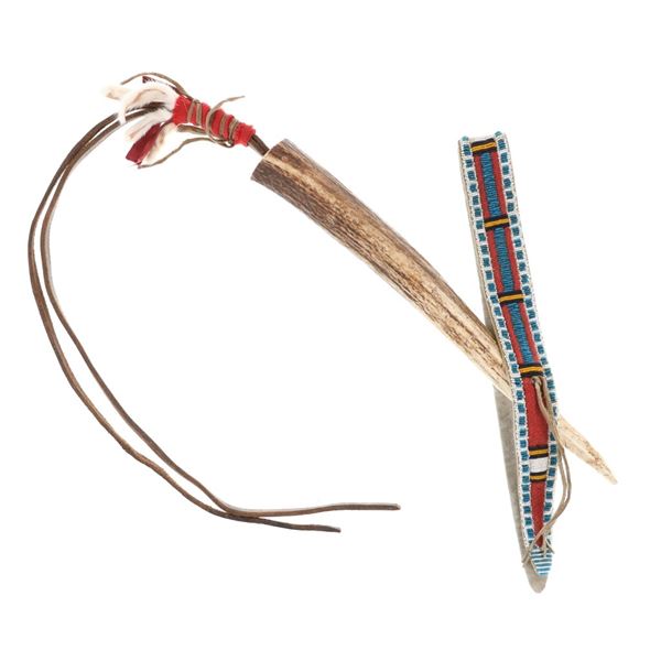 Ca. 1900- Blackfeet Elk Antler Quirt w/ Beadwork
