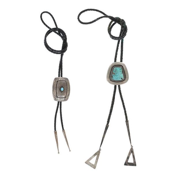 Two (2) Puebloan Silver and Turquoise Bolo Ties