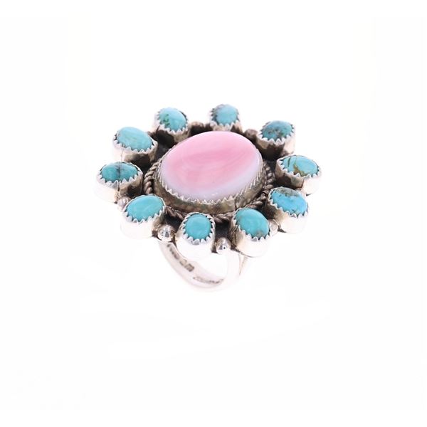 Navajo R. Sam Silver Pink Conch Turquoise Ring