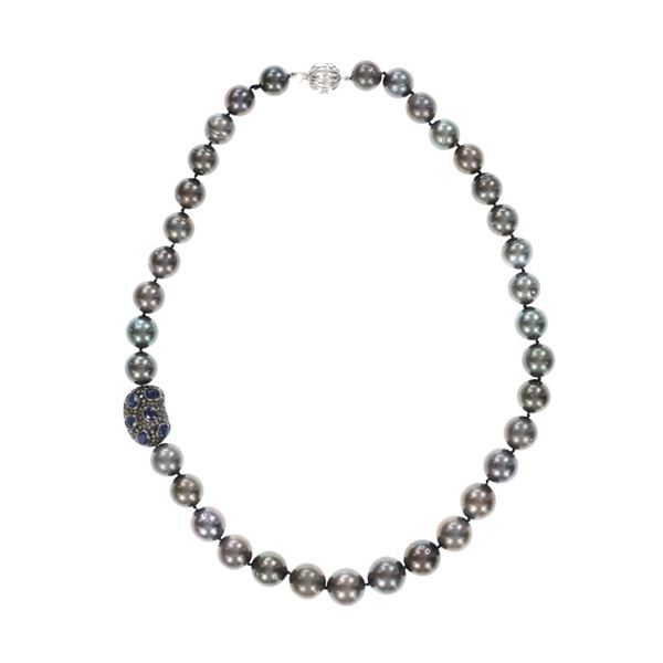 Tahitian Pearl Diamond Sapphire 14k Gold Necklace
