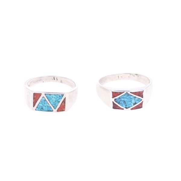 Zuni Sterling Silver Coral & Turquoise Inlay Rings