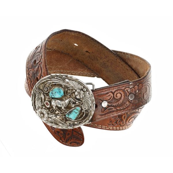 Texas Leather Belt and Silver Turquoise Buckle