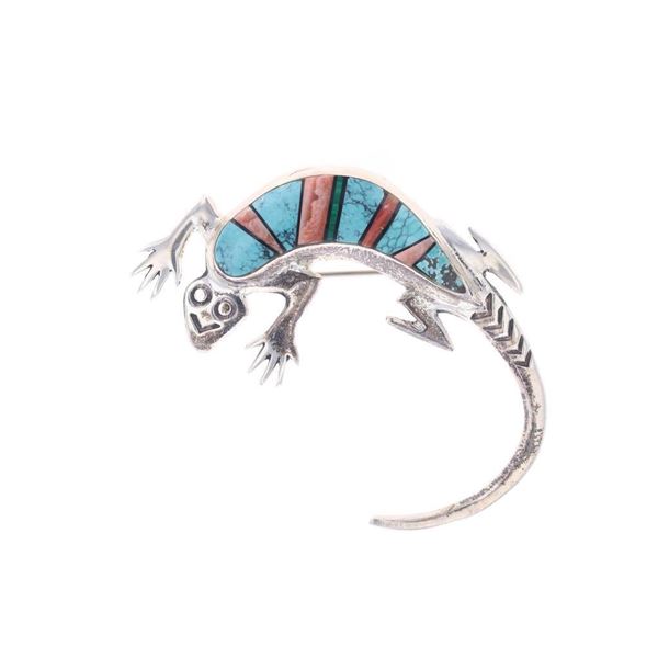Navajo Sterling Turquoise Inlay Lizard Brooch