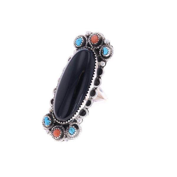 Navajo Billy Slim Silver Jet & Turquoise Ring