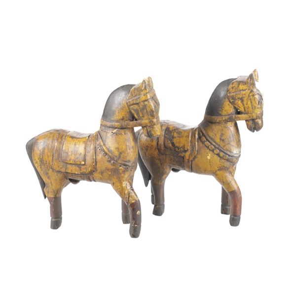 Two Hand Carved Wood Folk Art Horses (2)