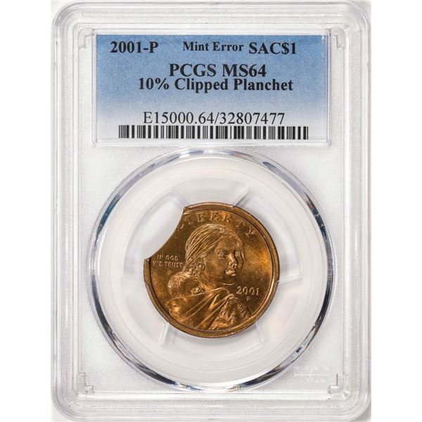 2001-P $1 Sacagawea Dollar Coin 10% Clipped Planchet PCGS Mint Error MS64