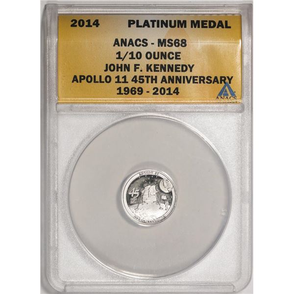 2014 Proof 1/10 oz Platinum JFK Apollo 11 Anniversary Medal ANACS MS68