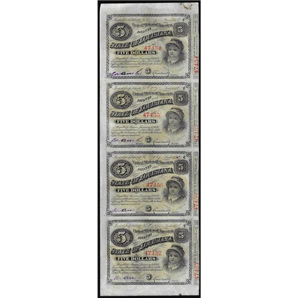 Uncut Sheet of (4) State of Louisiana Baby Bond Obsolete Notes